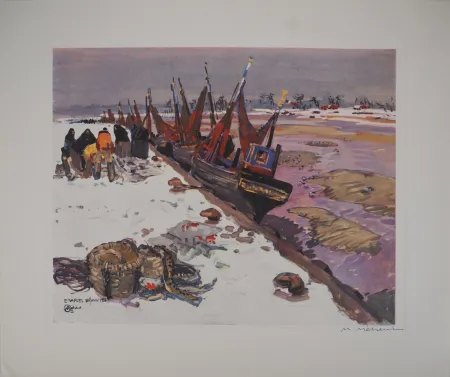 Heliogravura Méheut - Bretagne : Le Port d'Etaples sous la Neige