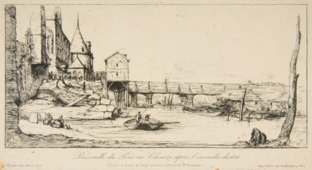 Gravura Meryon - Passerelle du Pont-au-Change, Paris, après l'incendie de 1621