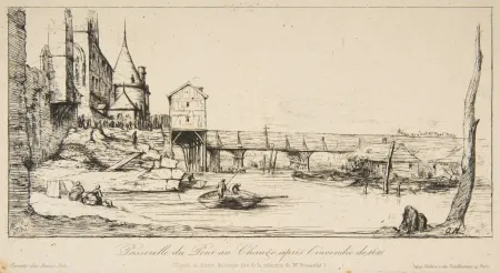 Gravura Meryon - Passerelle du Pont-au-Change, Paris, après l'incendie de 1621