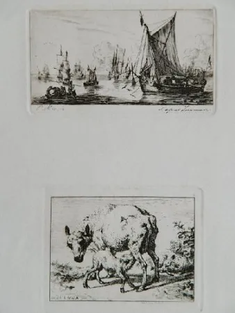 Gravura Meryon - Pêcheurs de la mer du sud (after Zeeman) [with] La brebis et les deux agneaux (after Van de Velde)