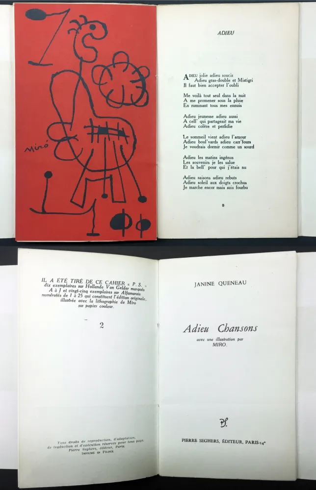 Livro Ilustrado Miró - Janine Queneau : ADIEU CHANSONS. Avec une illustration par Miro (1951).
