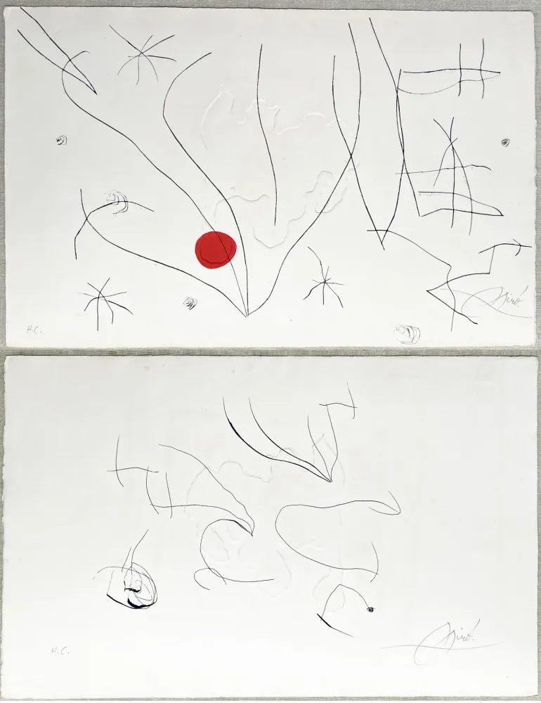 Água-Forte E Água-Tinta Miró - L'ISSUE DÉROBÉE. Pointe sèche, aquatinte et gaufrage, signée à double face (1974)