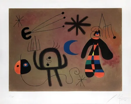 Água-Tinta Miró - L'Oiseau-fusée vise la fourche glissant en cascade vers le point noir (The Rocket-Bird Aims for the Fork Cascading Down Toward the Black Point), 1952