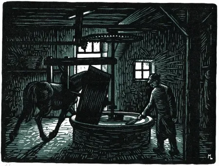 Xilogravura Moreau - LA MEULE A BLE / CORN MILLSTONE - Bretagne / Brittany - France - 1908