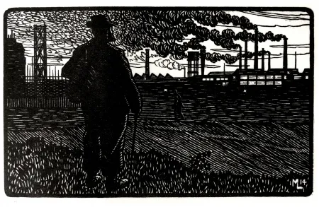 Gravura Moreau - LE CHEMINOT / THE RAILROADER - Gravure s/bois / Woodcut - 1912