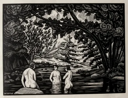 Xilogravura Moreau - LES BAIGNEUSES / BATHERS - Gravure s/bois / Woodcut - 1912