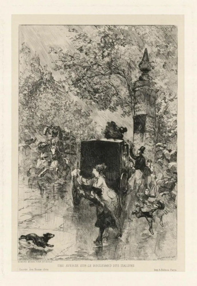 Gravura Morin - Une averse sur le Boulevard des Italiens