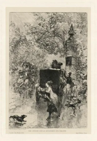 Gravura Morin - Une averse sur le Boulevard des Italiens