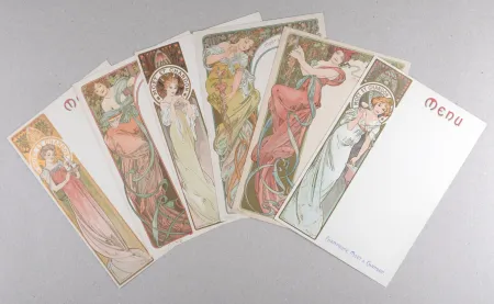 Litografia Mucha - Champagne Moët & Chandon Menu, 1899 - Complete set of six original lithograph menu cards