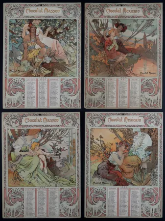 Litografia Mucha - Chocolat Masson / Chocolat Mexicain, 1897 - A set of four original lithographs in colors
