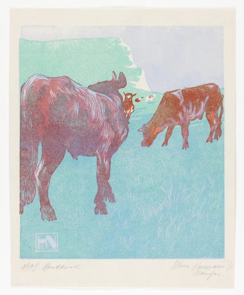 Xilogravura Neumann - Jungbullen auf der Weide (Young bulls in the pasture)