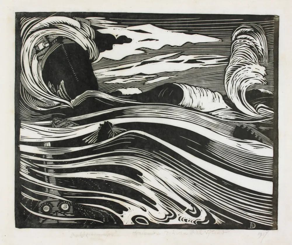 Xilogravura Nijland - Duikboot en mijn (Submarine and Mine)