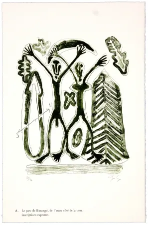 Litografia Nørgaard - A. Le parc de Kurangsi, de l'autre côté de la terre, inscriptions rupestres