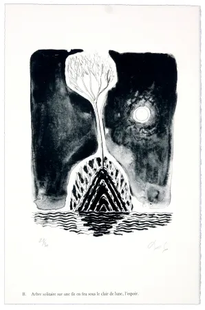 Litografia Nørgaard - B. Abre solitaire sur une ile sous le clair de lune, l'espoir