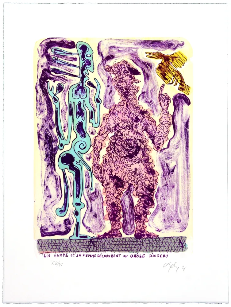 Litografia Nørgaard - Un homme et sa femme découvrent un drôle d’oiseau