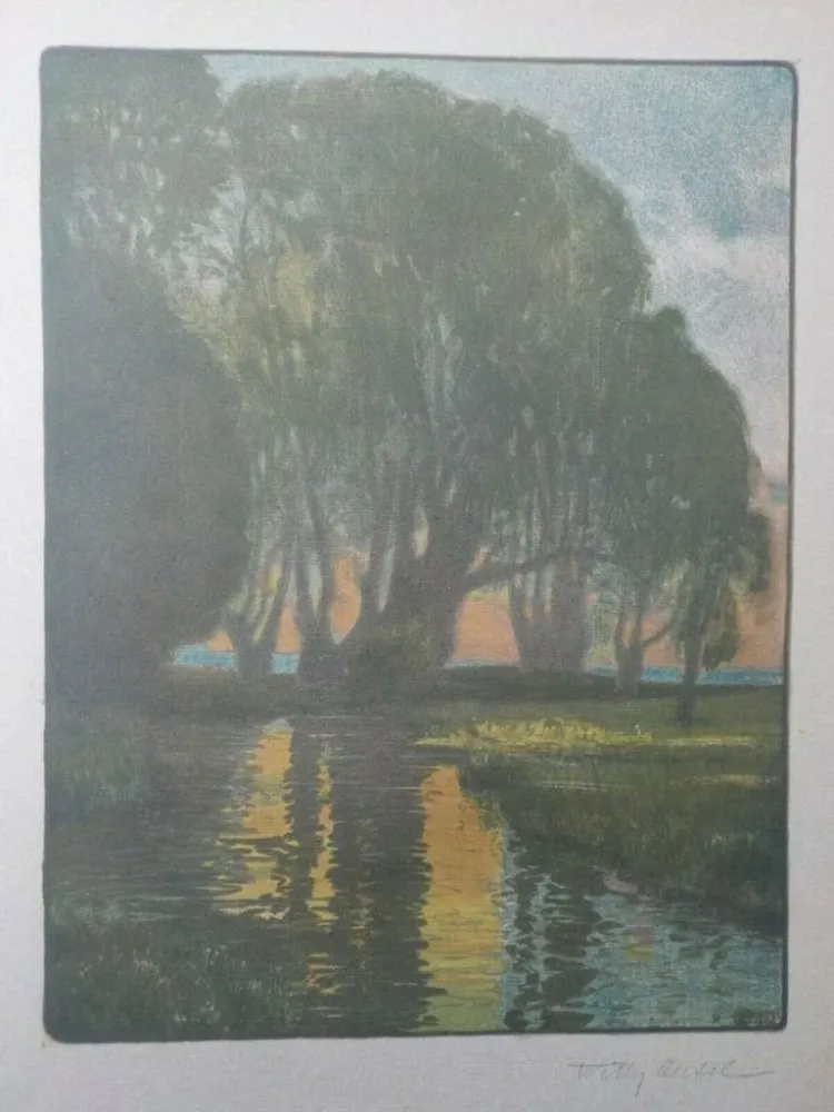 Litografia Oertel - Abend am Bach