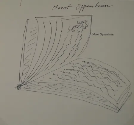Sem Técnica Oppenheim - Widmungszeichnung eines aufgeschlagenen Buches mit Initial R. auf dem Vortitel eines Buchs mit gedrucktem Namen “Meret Oppenheim“