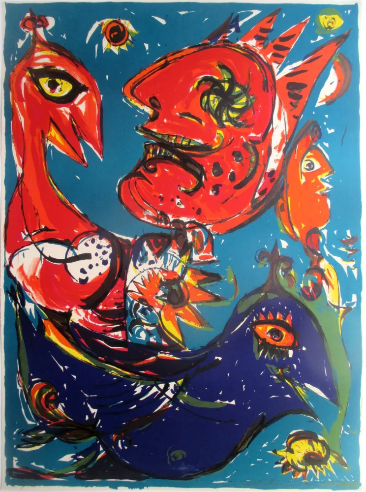 Litografia Pedersen - Les Oiseaux rouge et bleu