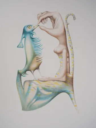 Litografia Pérahim - L'Alphabet Hébreu : Homme et oiseau