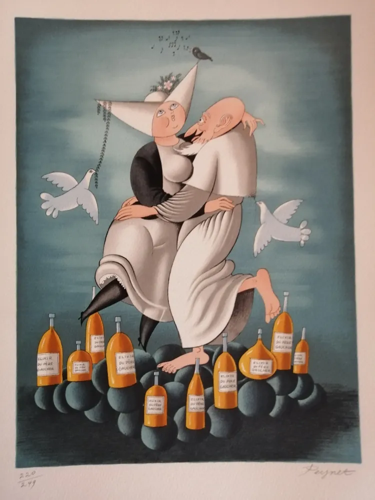 Litografia Peynet - L'élixir du Révérend Pére Gaucher