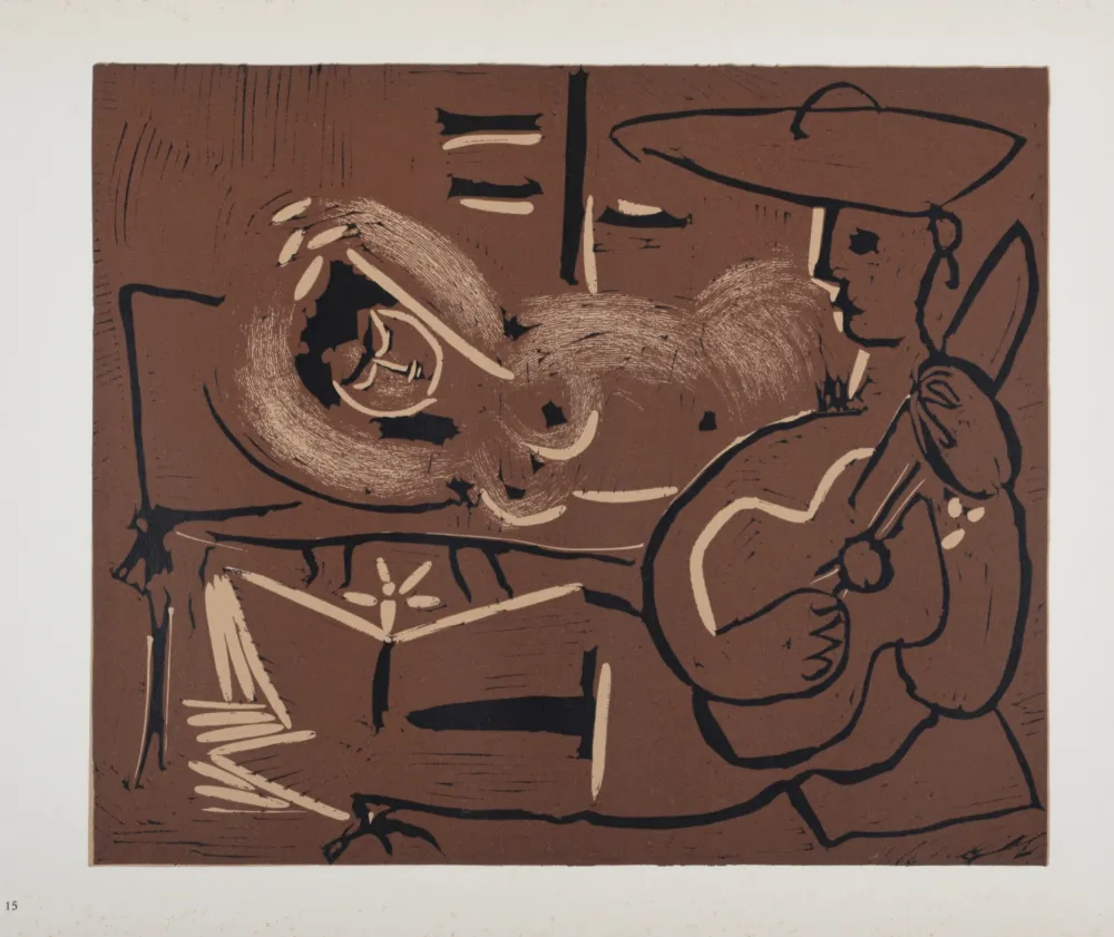 Linogravura Picasso (After) - Femme couchée et guitariste, 1962