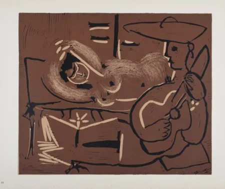 Linogravura Picasso (After) - Femme couchée et guitariste, 1962