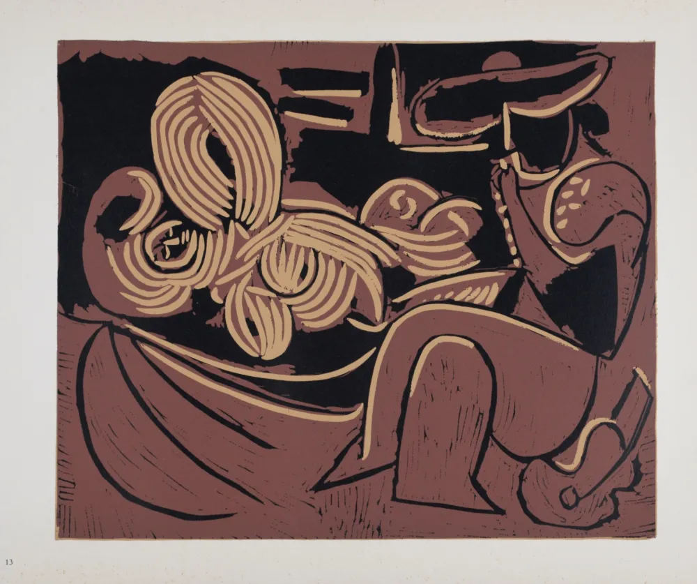 Linogravura Picasso (After) - Femme couchée et homme à la guitare, 1962