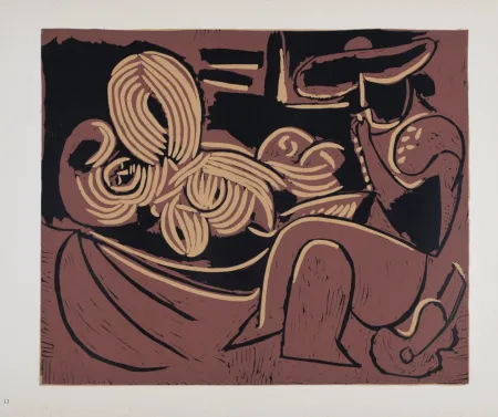 Linogravura Picasso (After) - Femme couchée et homme à la guitare, 1962