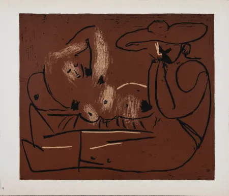 Linogravura Picasso (After) - Femme couchée et homme au grand chapeau, 1962