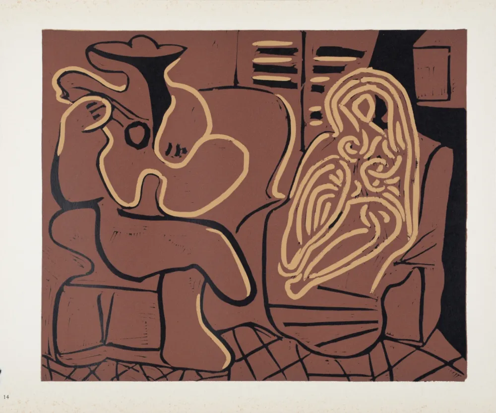 Linogravura Picasso (After) - Femme dans un fauteuil et guitariste, 1962