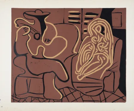 Linogravura Picasso (After) - Femme dans un fauteuil et guitariste, 1962