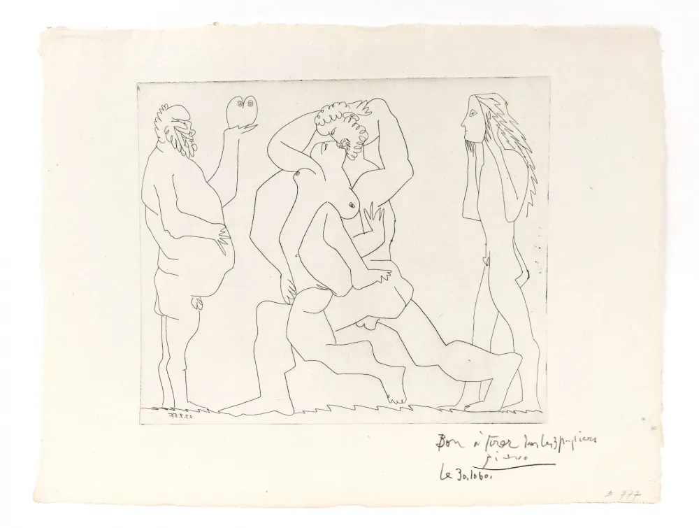 Gravura Picasso - Bacchanal with Owl and Young Man in a Mask