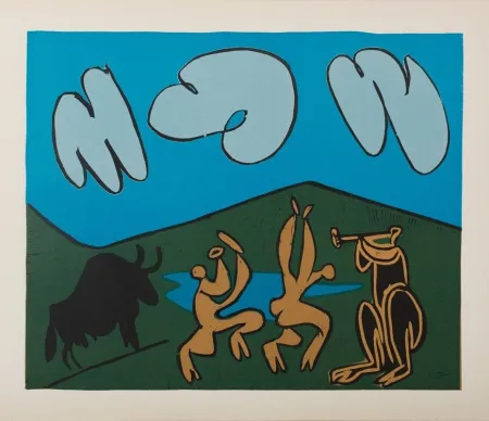 Linogravura Picasso - Bacchanale au taureau noir