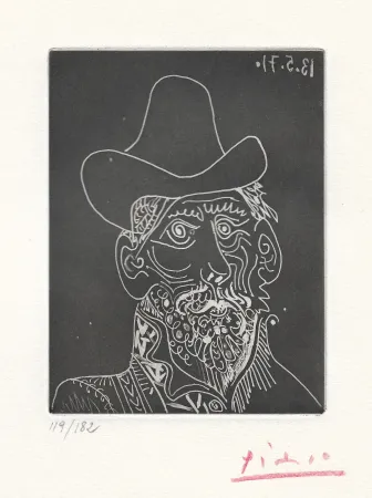 Água-Tinta Picasso -  Buste d'homme barbu au chapeau 
