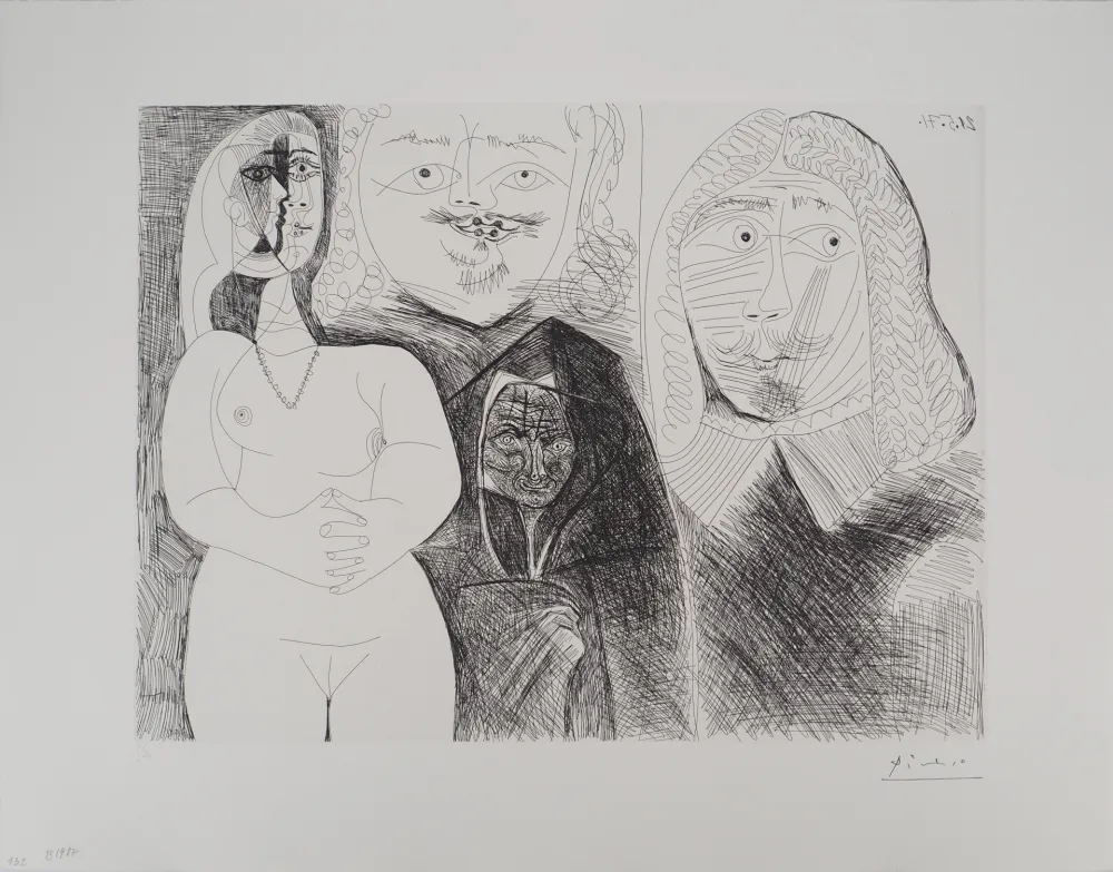 Gravura Picasso - Célestine et fille, avec deux hommes en costume du XVIe siècle