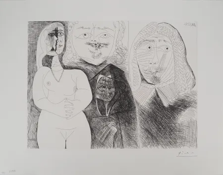 Gravura Picasso - Célestine et fille, avec deux hommes en costume du XVIe siècle