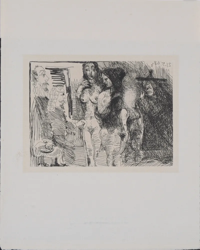 Gravura Picasso - Célestine présentant ses deux pensionnaires à deux clients, 1971