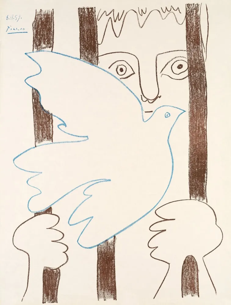 Cartaz Picasso - Colombe Bleue Volant devant des Barreaux