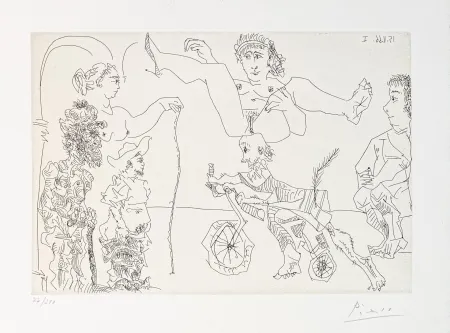 Gravura Picasso - Da Le Cocu Maquifique: Femme equilib­riste enlevee par un vieillard barbu a bicyclette devant le cocu et des spectateurs