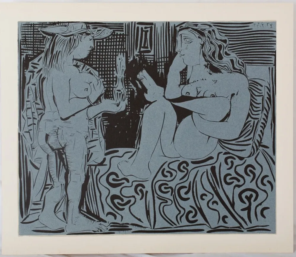 Linogravura Picasso - Deux femmes au flacon de parfum