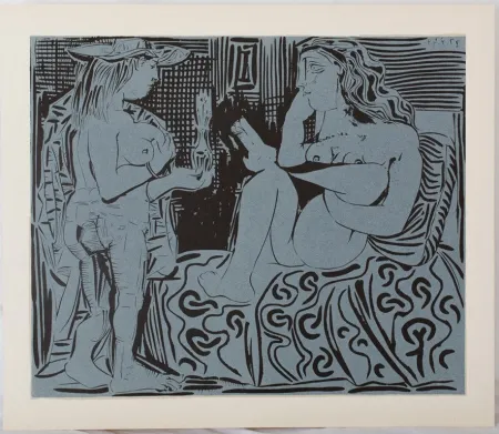 Linogravura Picasso - Deux femmes au flacon de parfum