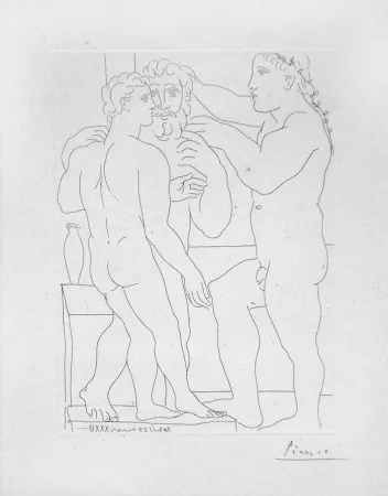 Gravura Picasso - Deux hommes sculptes - Two male statues - Three Men Standing
