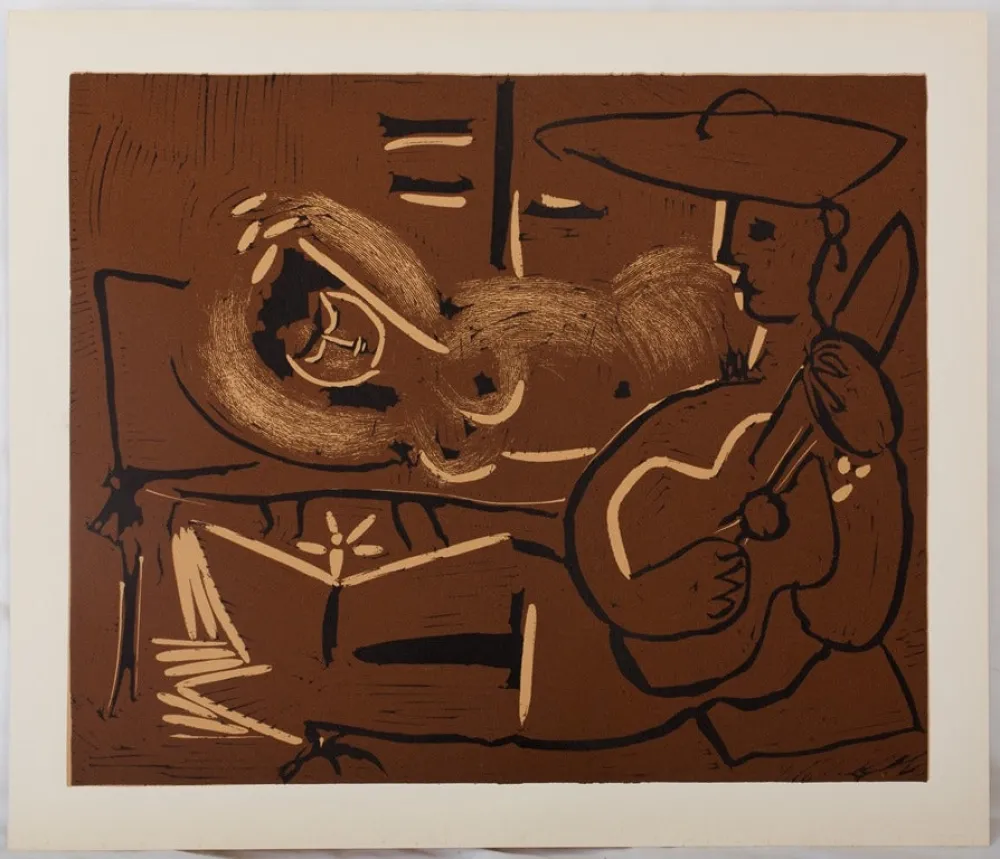 Linogravura Picasso - Femme couchée et guitariste au chapeau