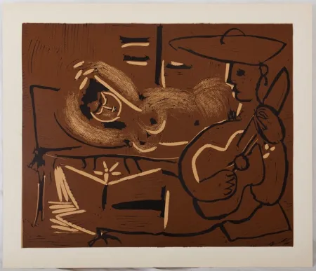Linogravura Picasso - Femme couchée et guitariste au chapeau