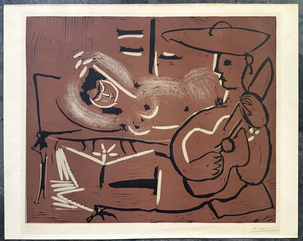 Linogravura Picasso - FEMME COUCHÉE ET GUITARISTE. Linogravure originale signée (1959)