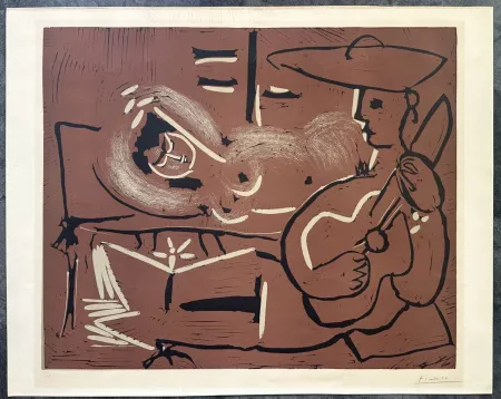Linogravura Picasso - FEMME COUCHÉE ET GUITARISTE. Linogravure originale signée (1959)