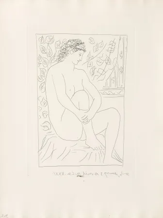 Gravura Picasso - Femme nue assise devant un rideau