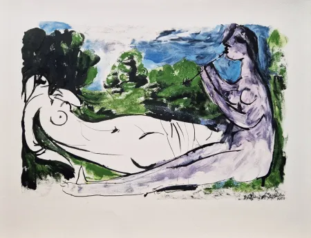 Estêncil Picasso - Femme nue couchée et joueur de flûte