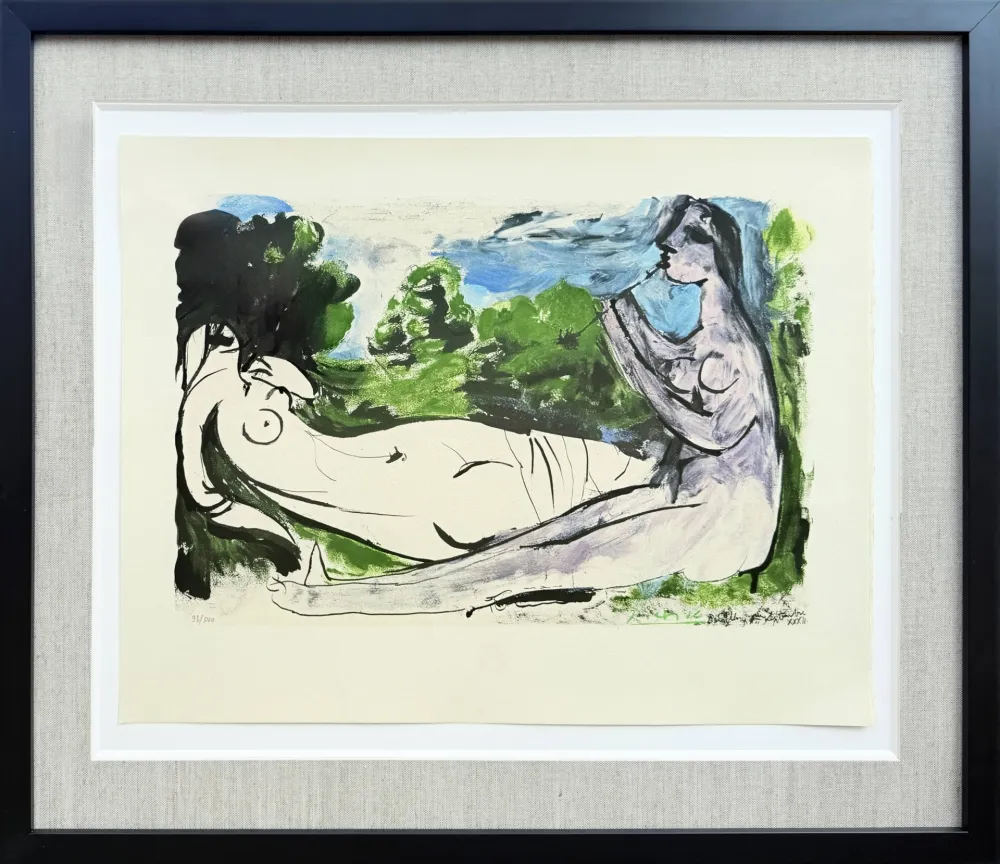 Litografia Picasso - Femme nue couchée et joueur de flûte