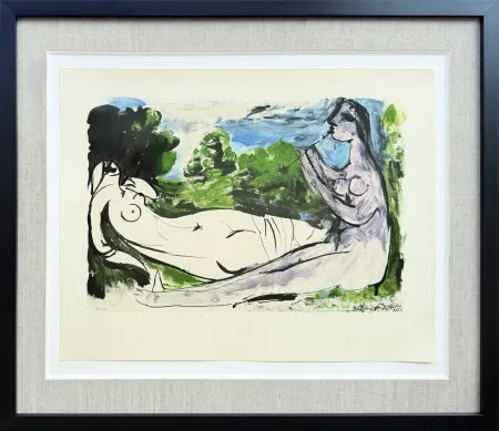 Litografia Picasso - Femme nue couchée et joueur de flûte